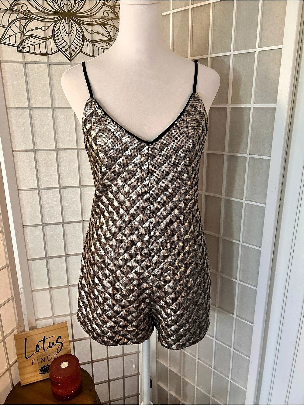 June & Hudson Champagne Gold Sequin Romper-Medium